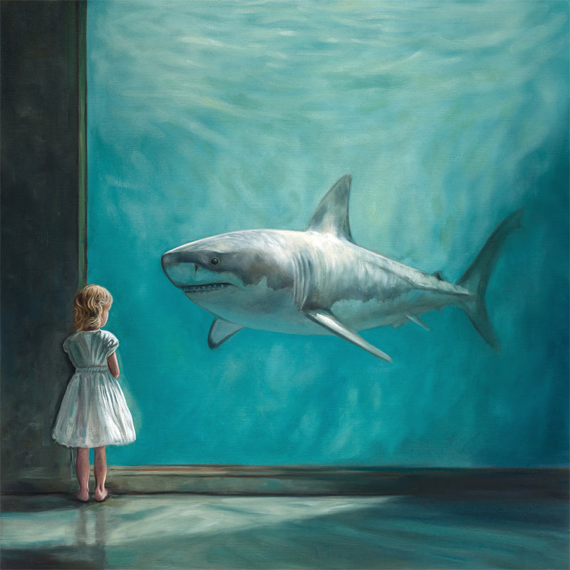 Girl with Shark Fine Art Print by Lauren Pretorius: a young girl in a dress looking at a shark in an aquarium.