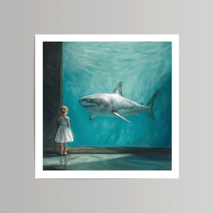 Fine art print of a small girl in a white dress looking at a great white shark in a blue aquarium.
