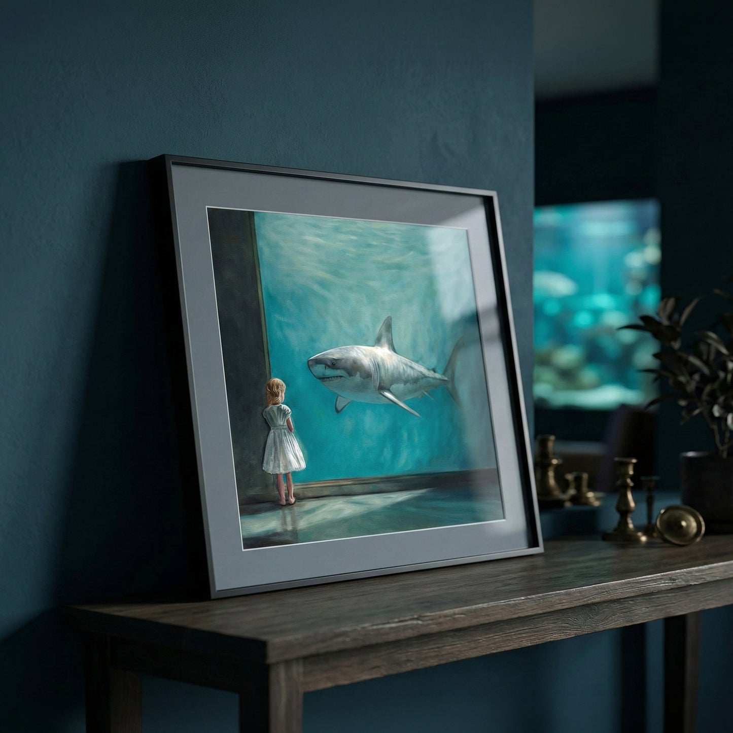 Framed fine art print titled "Girl with Shark" featuring a girl in a white dress looking at a shark in an aquarium.