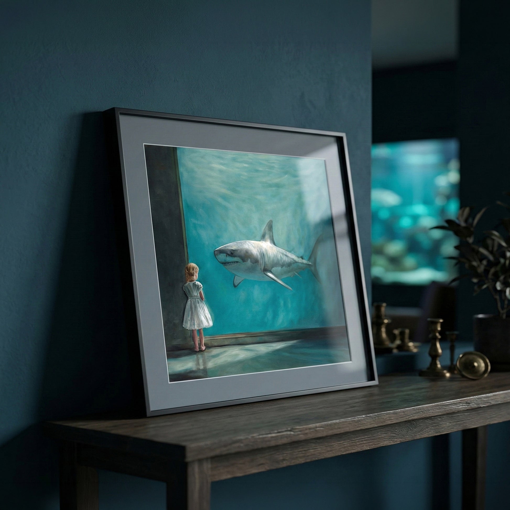 Framed fine art print titled "Girl with Shark" featuring a girl in a white dress looking at a shark in an aquarium.