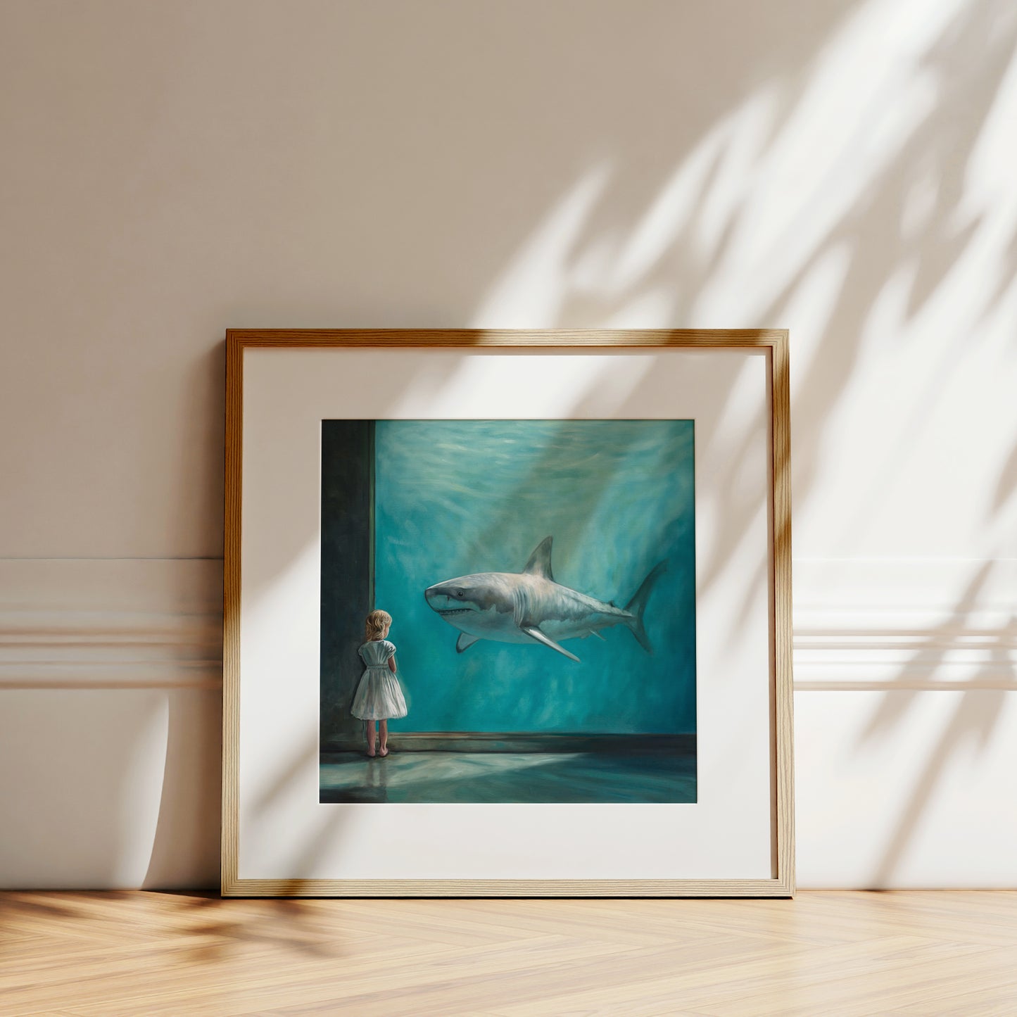 Girl with Shark" fine art print in a natural wood frame, featuring a girl observing a great white shark in an aquarium.