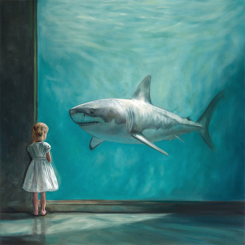 Oil painting of a blonde girl in a white dress looking at a large white shark in a blue aquarium.