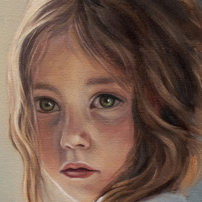 Girl with Sparrow 12" x 12" Original Oil Painting by Lauren Pretorius: a young girl holding a bird with a soft, warm color palette.