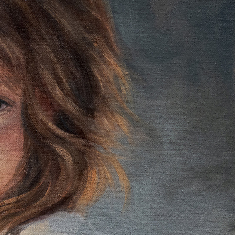 Girl with Sparrow 12" x 12" Original Oil Painting by Lauren Pretorius: a young girl holding a bird with a soft, warm color palette.