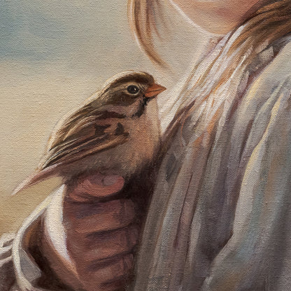 Girl with Sparrow 12" x 12" Original Oil Painting by Lauren Pretorius: a young girl holding a bird with a soft, warm color palette.