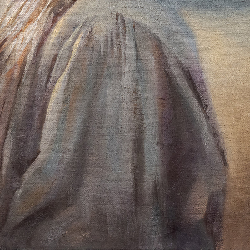 Girl with Sparrow 12" x 12" Original Oil Painting by Lauren Pretorius: a young girl holding a bird with a soft, warm color palette.