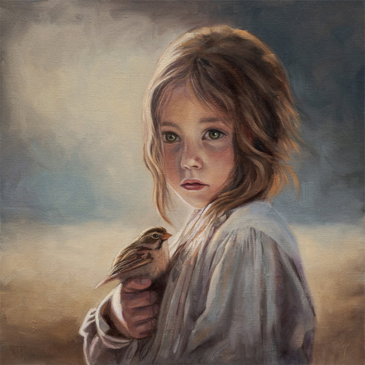 Girl with Sparrow 12" x 12" Original Oil Painting by Lauren Pretorius: a young girl holding a bird with a soft, warm color palette.