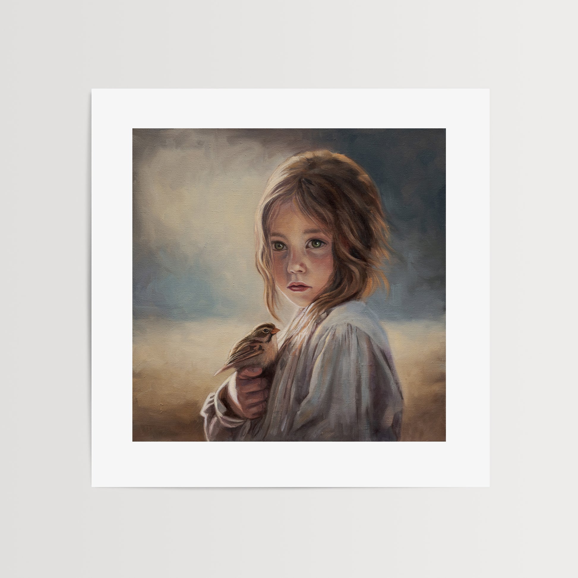 Girl with Sparrow Fine Art Print by Lauren Pretorius: a young girl holding a bird with a soft, warm color palette.