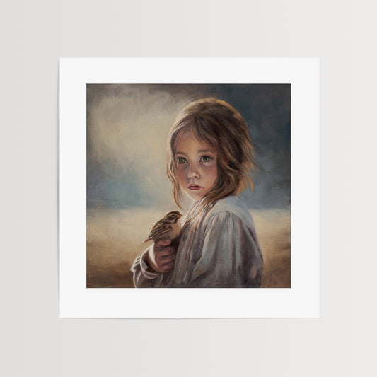 Girl with Sparrow Fine Art Print by Lauren Pretorius: a young girl holding a bird with a soft, warm color palette.