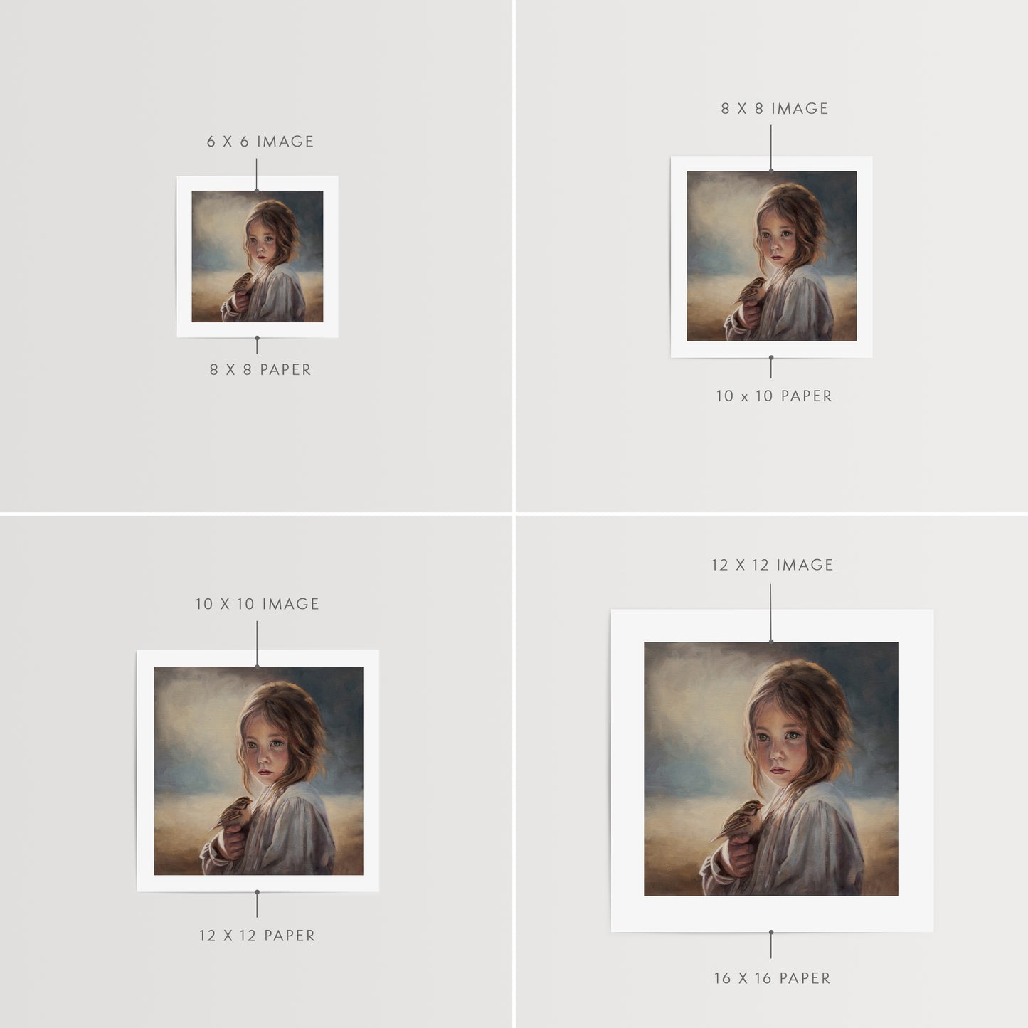 Girl with Sparrow Fine Art Print by Lauren Pretorius: a young girl holding a bird with a soft, warm color palette.