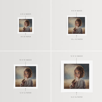 Girl with Sparrow Fine Art Print by Lauren Pretorius: a young girl holding a bird with a soft, warm color palette.