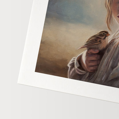 Girl with Sparrow Fine Art Print by Lauren Pretorius: a young girl holding a bird with a soft, warm color palette.