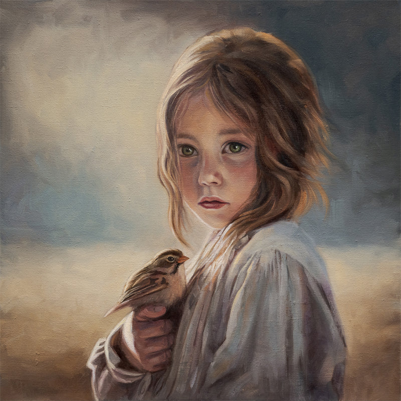 Girl with Sparrow Fine Art Print by Lauren Pretorius: a young girl holding a bird with a soft, warm color palette.