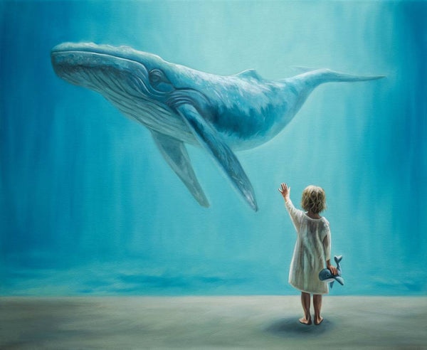 Illustration of a child in a white dress reaching towards a whale underwater