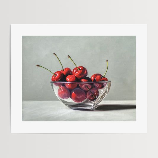 Glass Bowl of Cherries Fine Art Print by Lauren Pretorius: a clear glass bowl overflowing with bright red cherries.