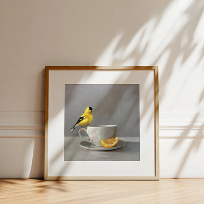 Goldfinch and Lemon Tea Fine Art Print by Lauren Pretorius: an American Goldfinch perched on a cup of lemon tea.is from a series of paintings that I am working on birds and beverages.