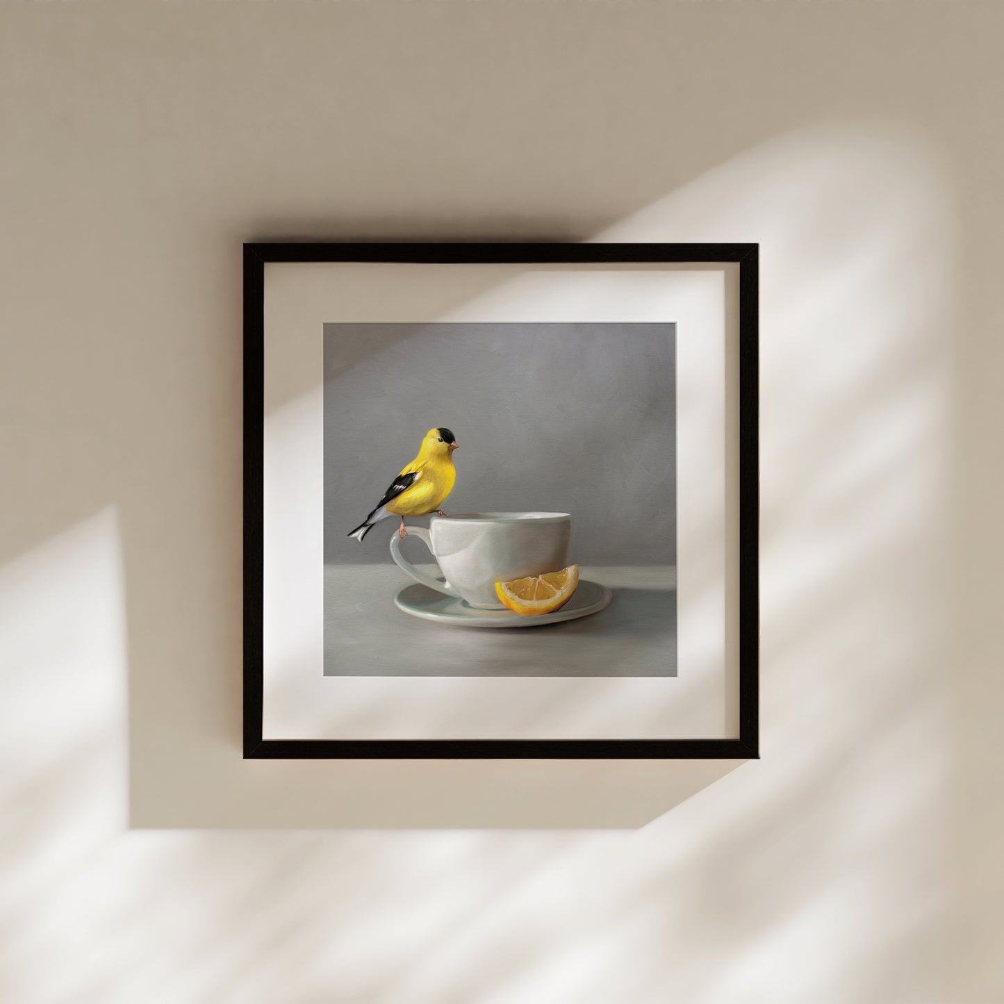 Goldfinch and Lemon Tea Fine Art Print by Lauren Pretorius: an American Goldfinch perched on a cup of lemon tea.is from a series of paintings that I am working on birds and beverages.