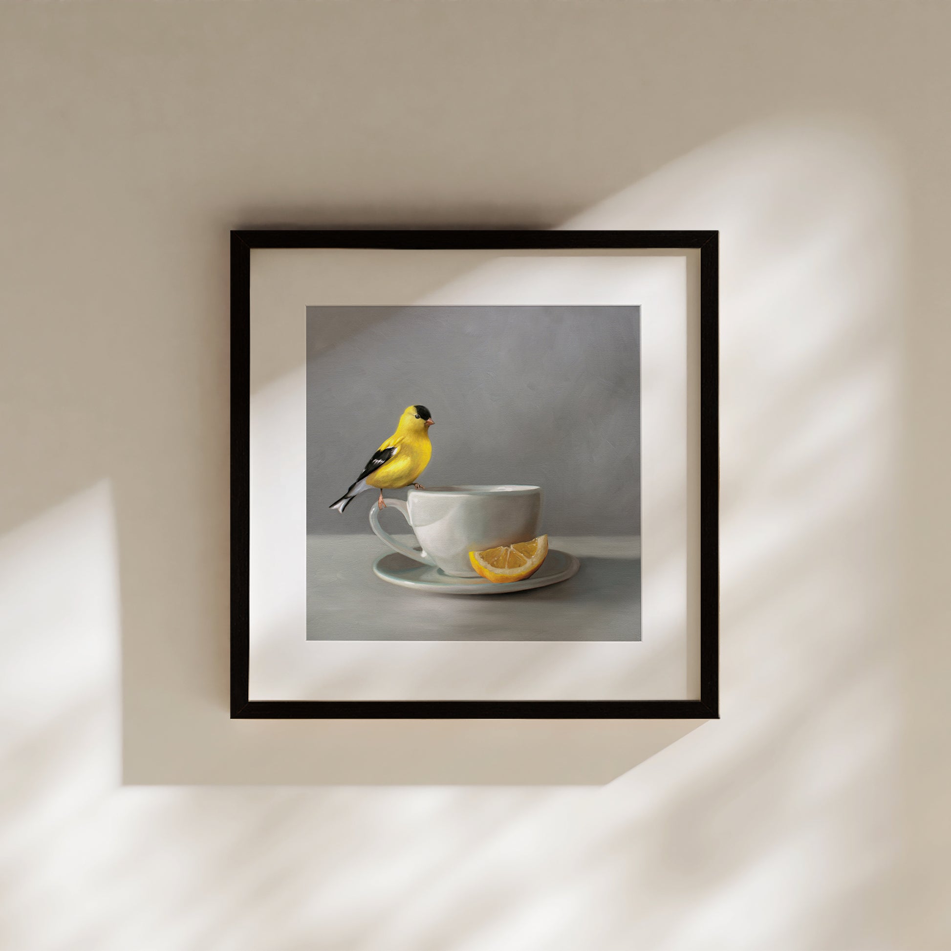Goldfinch and Lemon Tea Fine Art Print by Lauren Pretorius: an American Goldfinch perched on a cup of lemon tea.is from a series of paintings that I am working on birds and beverages.