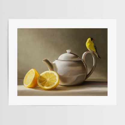 Goldfinch & Teapot Fine Art Print by Lauren Pretorius: a goldfinch perched on the handle of a teapot with two lemons on the left.