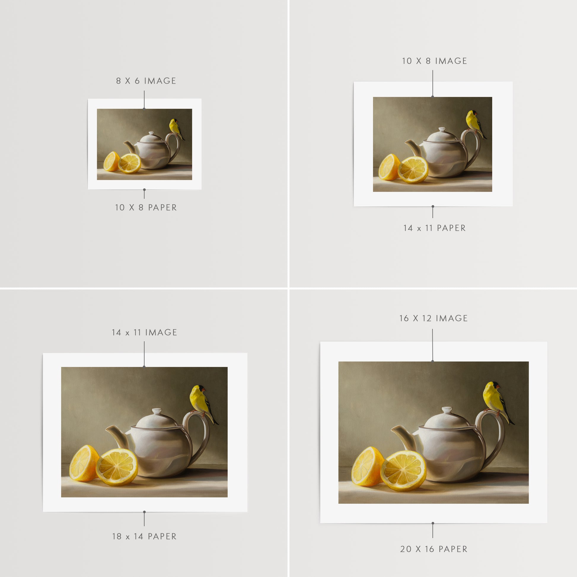 Goldfinch & Teapot Fine Art Print by Lauren Pretorius: a goldfinch perched on the handle of a teapot with two lemons on the left.