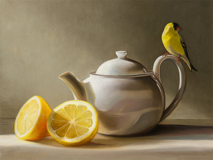 Goldfinch & Teapot Fine Art Print by Lauren Pretorius: a goldfinch perched on the handle of a teapot with two lemons on the left.
