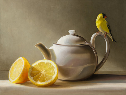 Goldfinch & Teapot Fine Art Print by Lauren Pretorius: a goldfinch perched on the handle of a teapot with two lemons on the left.