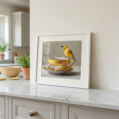 Framed fine art print of a yellow goldfinch perched on stacked yellow teacups with daisies, on a marble counter.