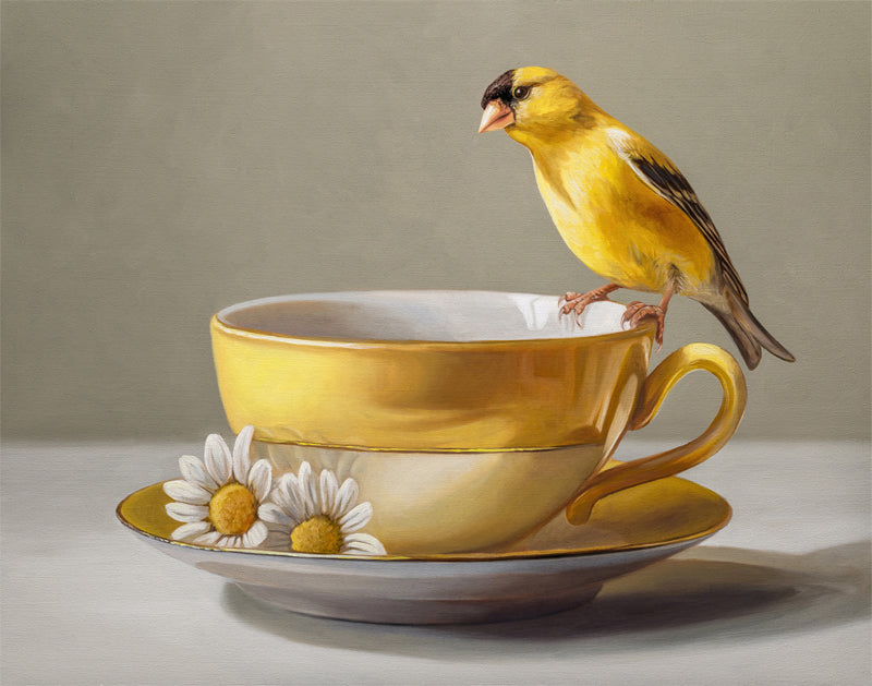 Vibrant yellow goldfinch perched on a matching gold teacup with two white daisies on the saucer.