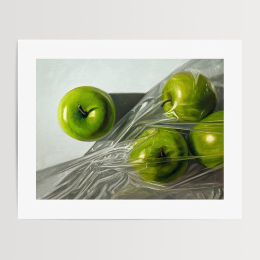 Granny Smith Apples Fine Art Print by Lauren Pretorius: a close-up of Granny Smith apples, with a visible texture and color wrapped in clear plastic.