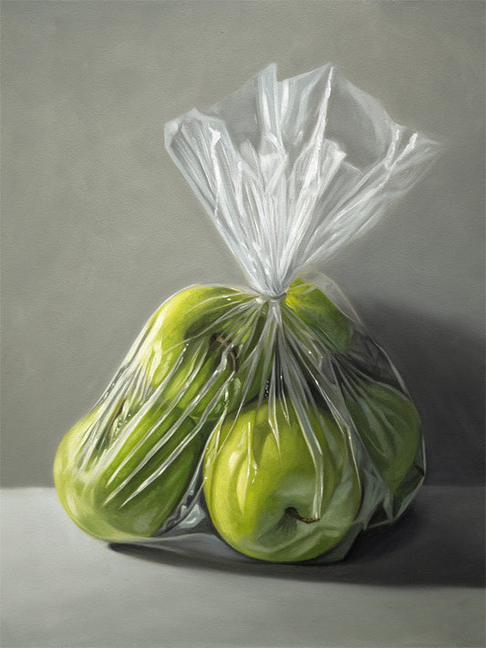 Granny Smith Apples Fine Art Print by Lauren Pretorius: a clear plastic bag filled with bright green Granny Smith apples.