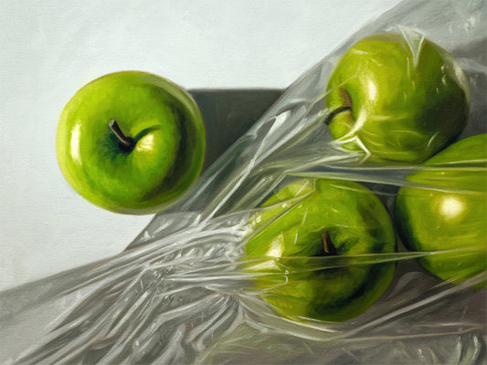 Granny Smith Apples Fine Art Print by Lauren Pretorius: a close-up of Granny Smith apples, with a visible texture and color wrapped in clear plastic.