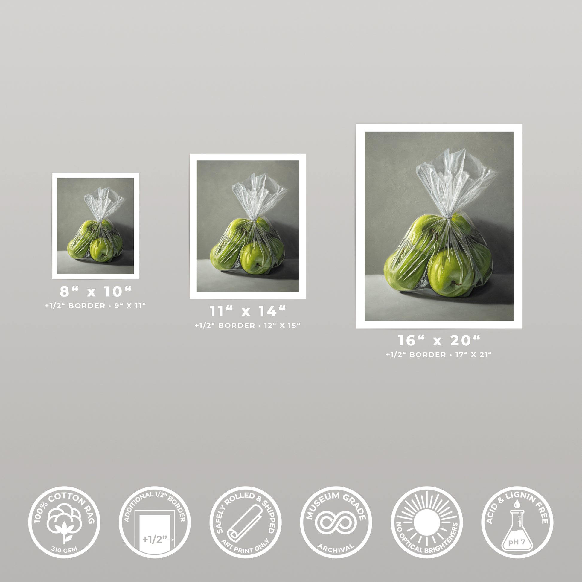 Three Granny Smith Apples fine art prints in 8x10, 11x14, and 16x20 sizes, on cotton rag paper.