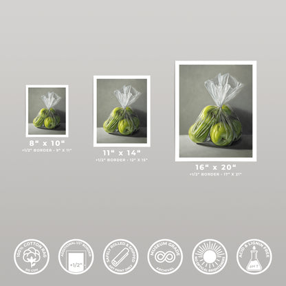 Three Granny Smith Apples fine art prints in 8x10, 11x14, and 16x20 sizes, on cotton rag paper.