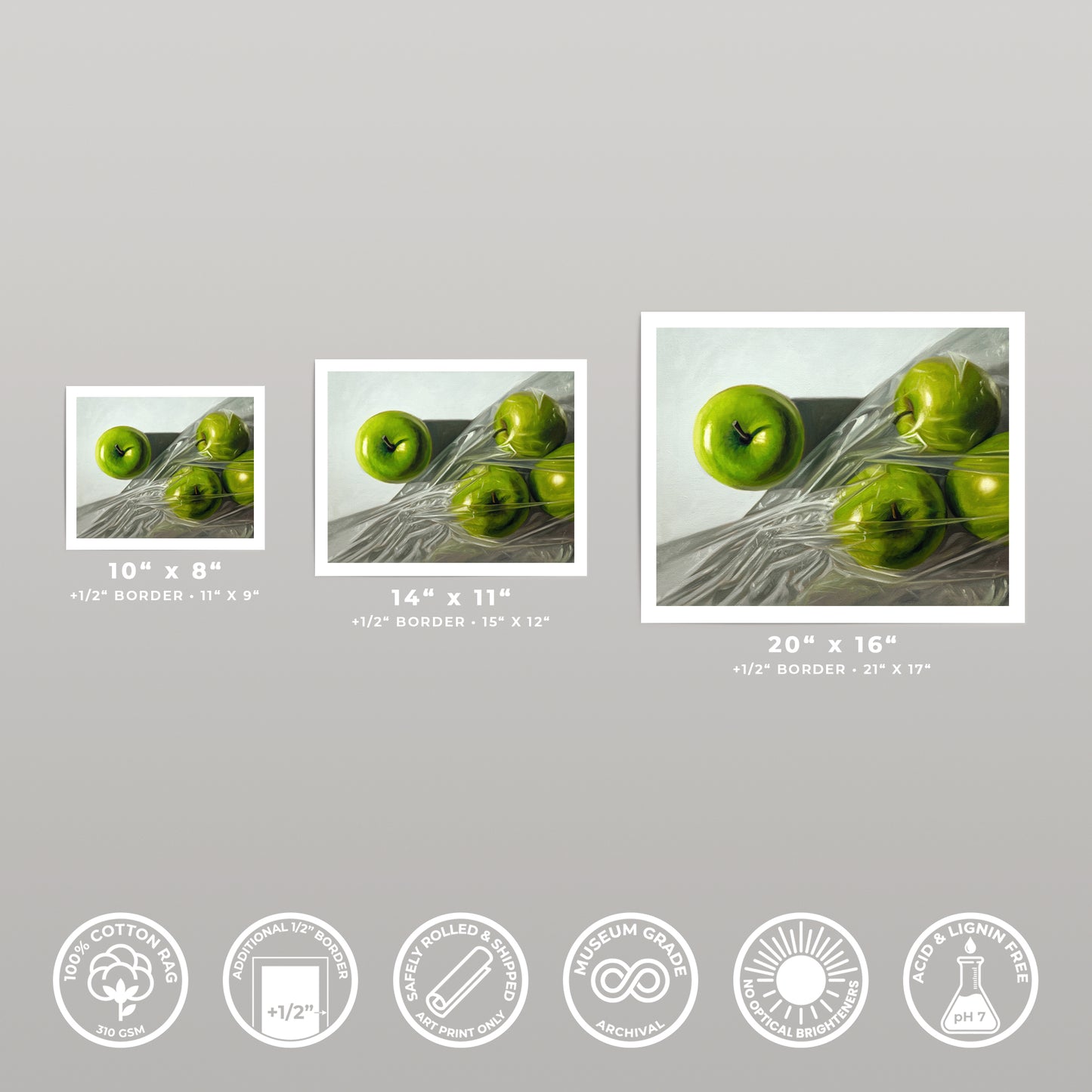 Three fine art prints of Granny Smith apples, varying sizes, with white borders.