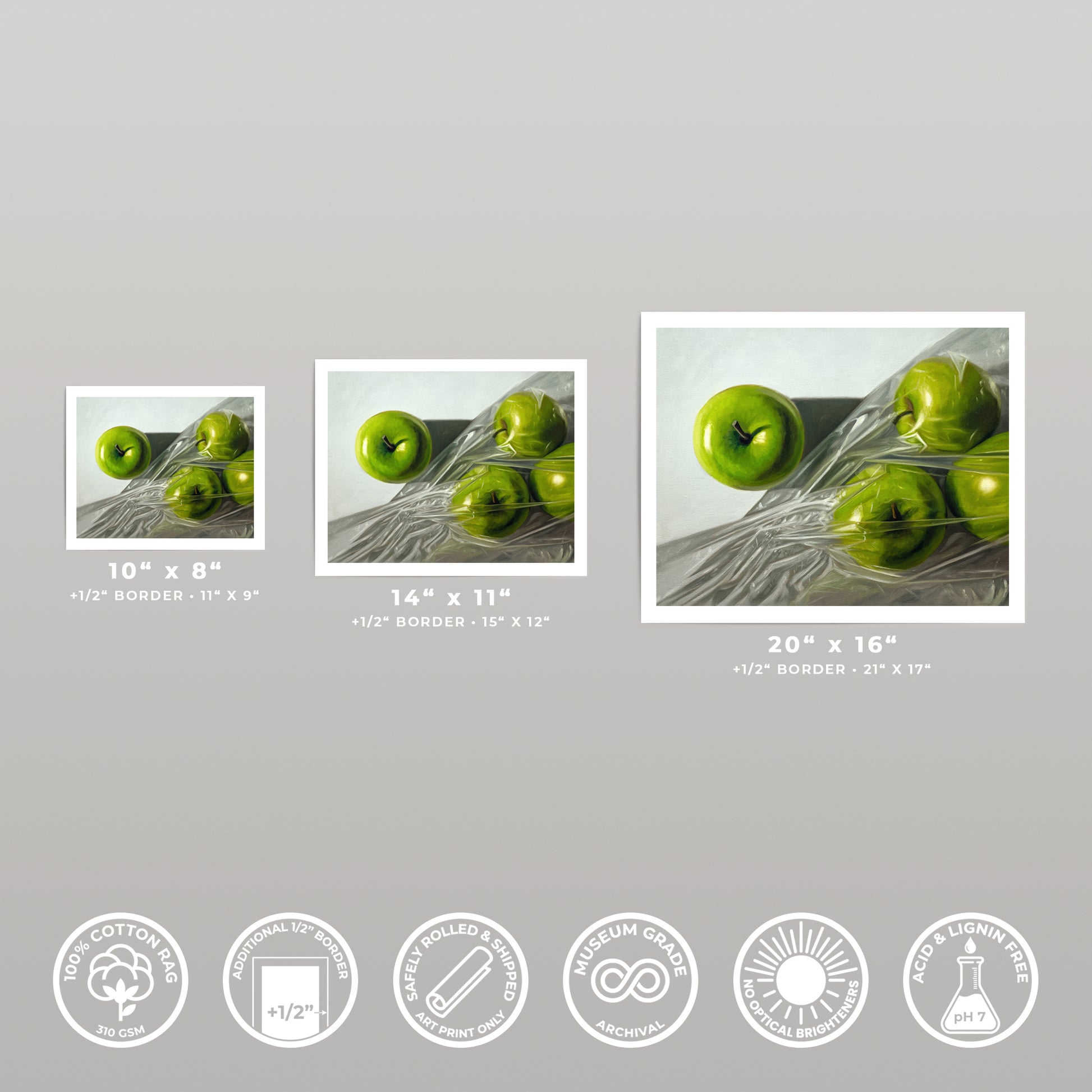 Three fine art prints of Granny Smith apples, varying sizes, with white borders.