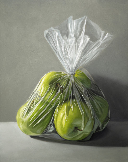 Realistic fine art print of vibrant green Granny Smith apples in a clear plastic bag on a gray background.