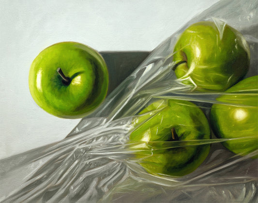 Vibrant green Granny Smith apples, one loose and three in a clear plastic bag, depicted as a fine art print.