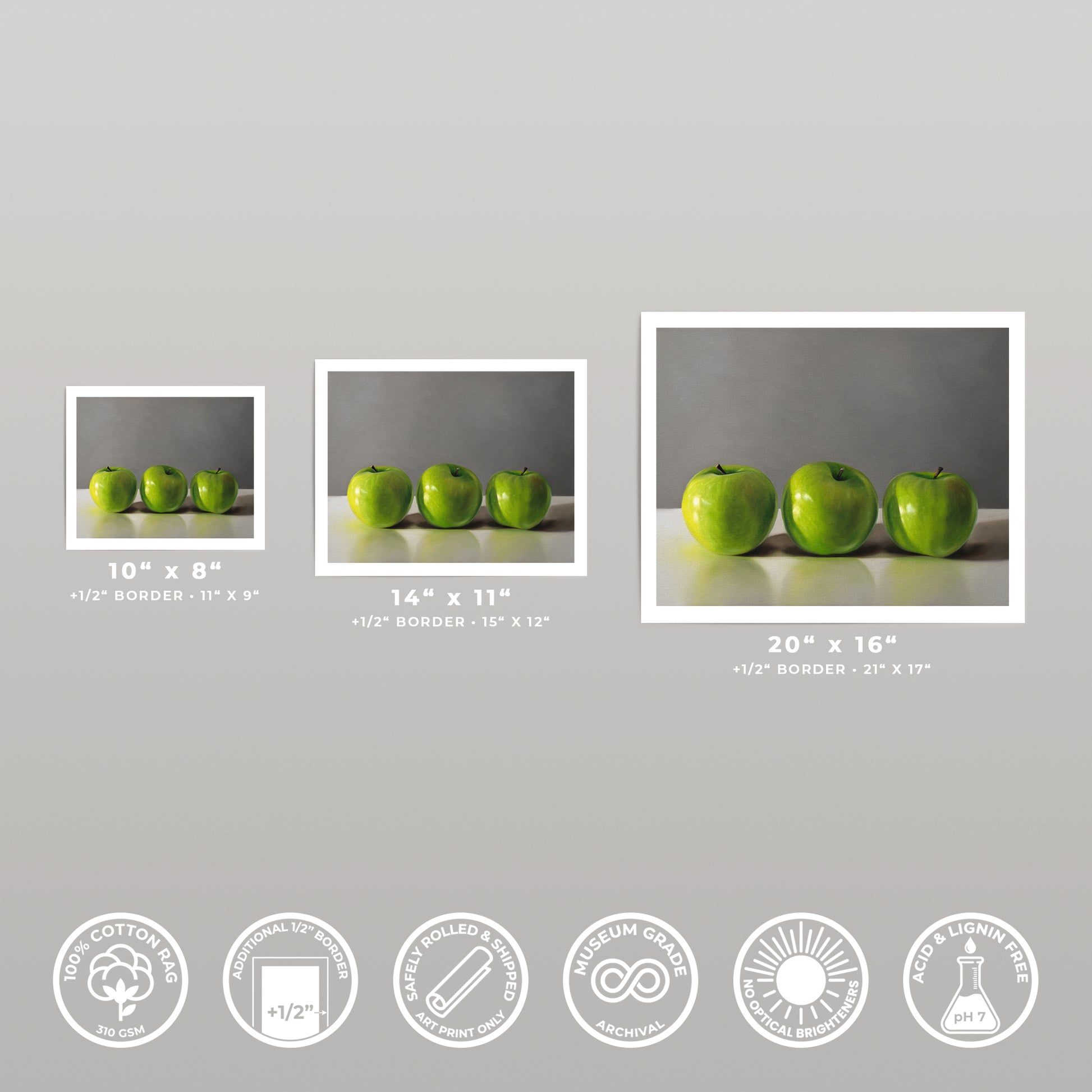 Three "Green Apple Trio" fine art prints in 10x8, 14x11, and 20x16 sizes, on cotton rag paper.