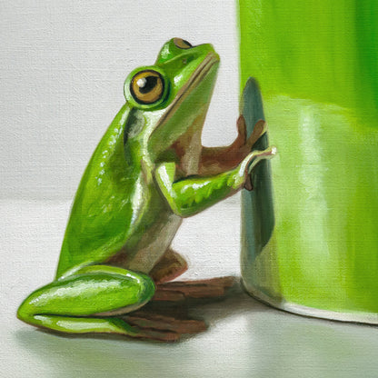 Green Frogs & Cup 12" x 12" Original Oil Painting by Lauren Pretorius: a green ceramic mug with a frog design on a light gray background