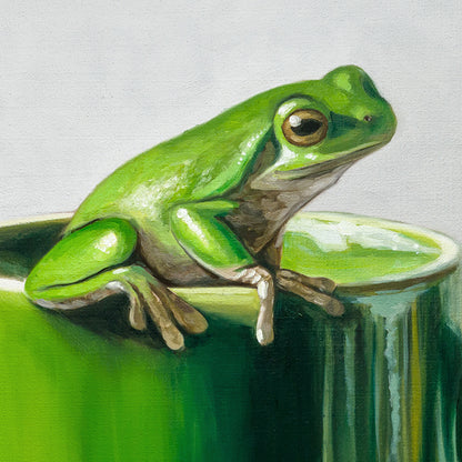 Green Frogs & Cup 12" x 12" Original Oil Painting by Lauren Pretorius: a green ceramic mug with a frog design on a light gray background