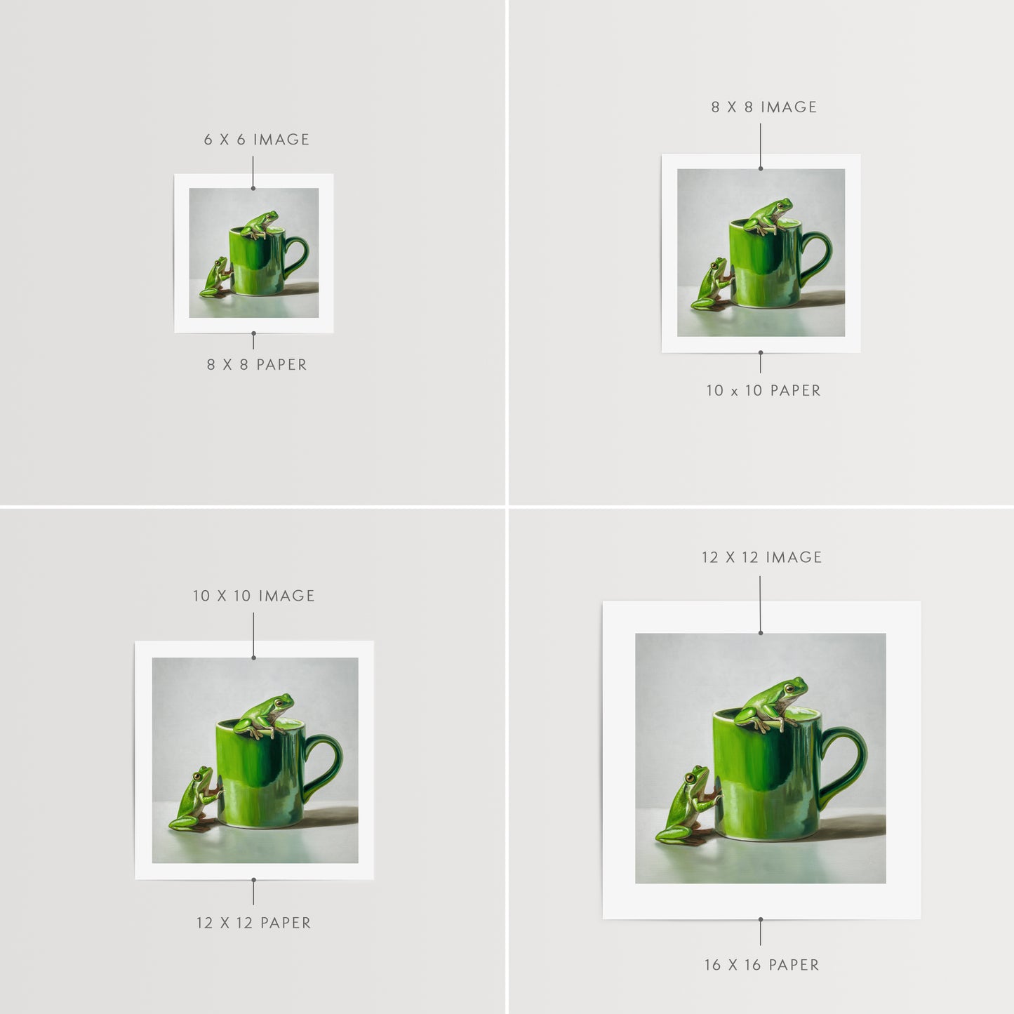 Green Frogs & Cup Fine Art Print by Lauren Pretorius: a green frog on a green mug against a light gray background