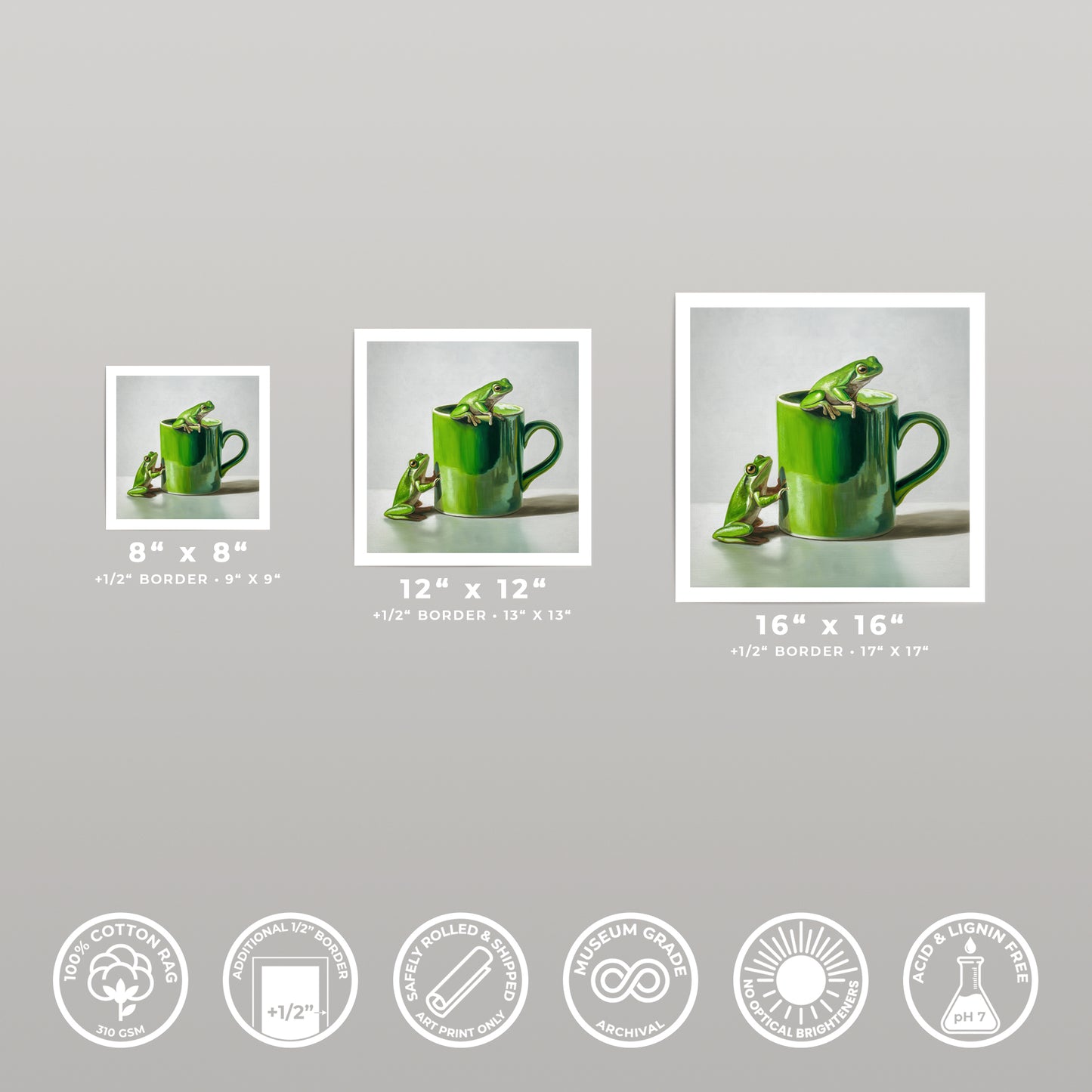 Three art prints of green frogs on a green cup, shown in 8x8, 12x12, and 16x16 sizes.