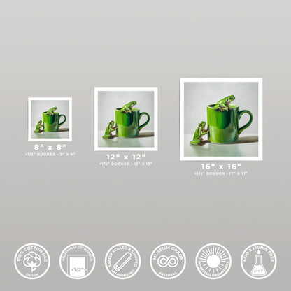 Three art prints of green frogs on a green cup, shown in 8x8, 12x12, and 16x16 sizes.