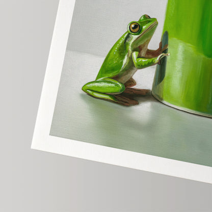 Vibrant green frog art print on cotton rag paper, featuring a frog climbing a green cup.