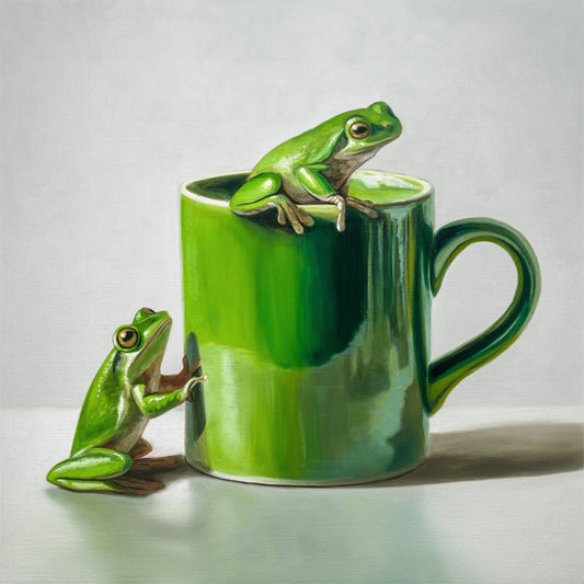 Vibrant fine art print of two green tree frogs with a matching green ceramic mug.
