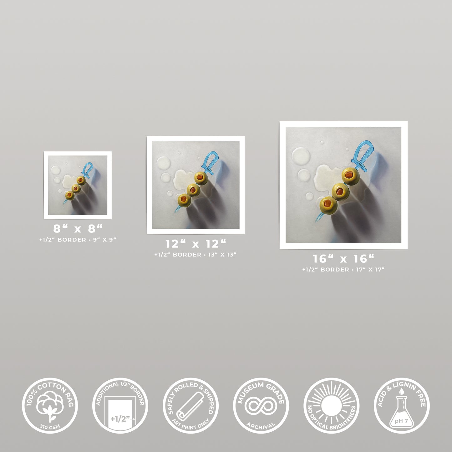 Three square art prints of green olives on a blue sword skewer, available in 8x8, 12x12, and 16x16 inches.