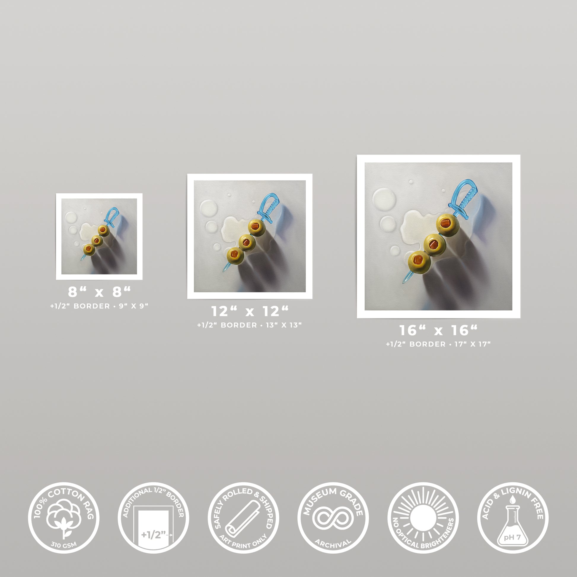 Three square art prints of green olives on a blue sword skewer, available in 8x8, 12x12, and 16x16 inches.
