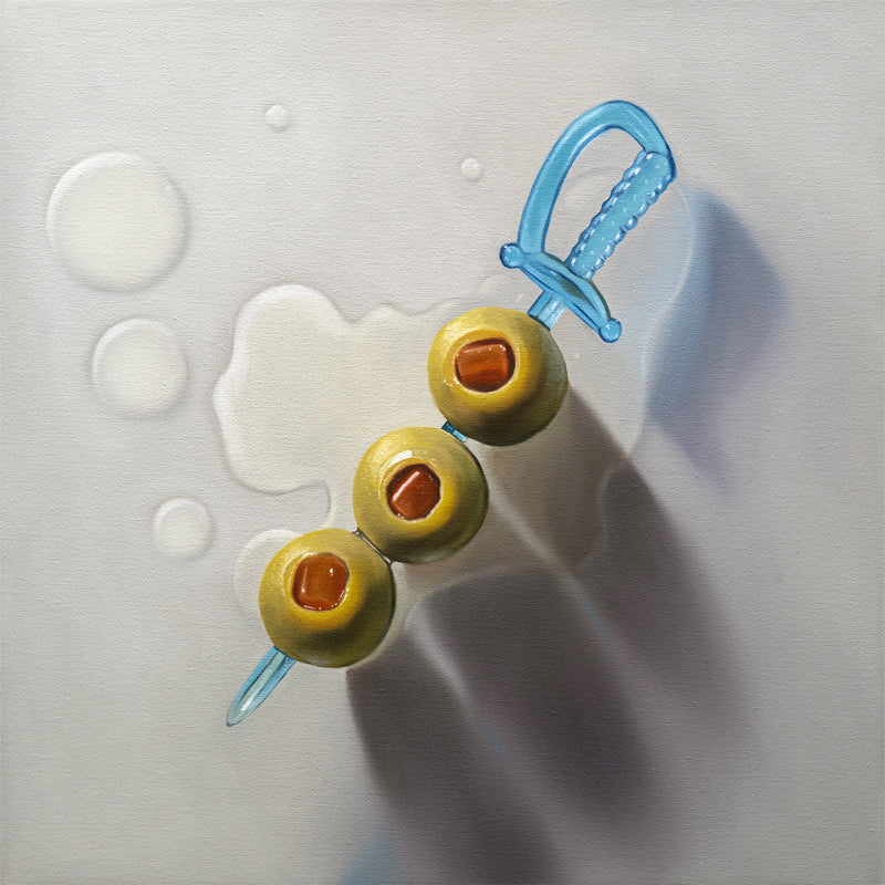 Realistic still life painting of three green olives on a blue plastic sword cocktail pick, with water drops.
