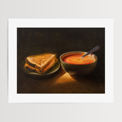 Grilled Cheese & Tomato Soup Fine Art Print by Lauren Pretorius: a bowl of tomato soup and a grilled cheese sandwich, with a spoon resting in the soup.