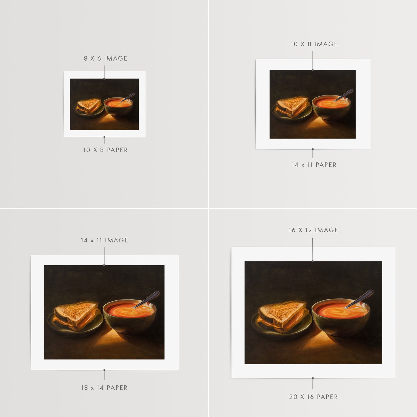 Grilled Cheese & Tomato Soup Fine Art Print by Lauren Pretorius: a bowl of tomato soup and a grilled cheese sandwich, with a spoon resting in the soup.